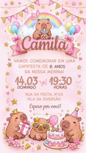Convite de Aniversário Capivara Rosa Fofo para Editar