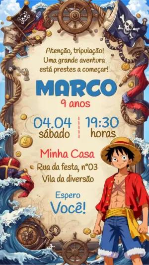 Convite de Aniversário One Piece Pirata | Modelo Editável