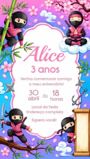 Convite Digital Infantil Ninja Menina Editável