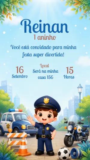 Convite de Aniversário Policial Infantil Editável