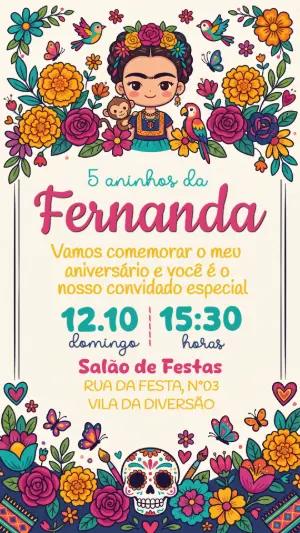 Convite de Aniversário Frida Kahlo Infantil Colorido para Editar