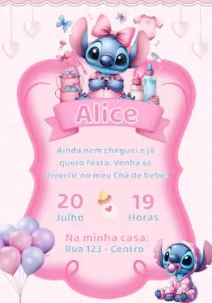 Convite Chá de Bebê Stitch Rosa Menina para Editar Online
