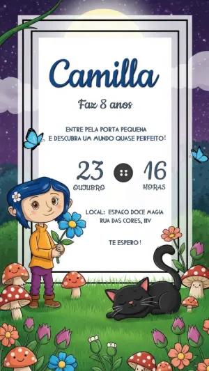 Convite de Aniversário Coraline Mundo Secreto Modelo Editável