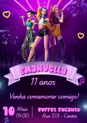 Convite Aniversário Guerreiras do Kpop | Modelo Digital Editável