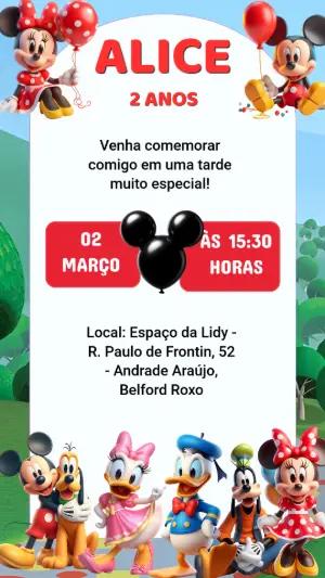 Convite de Aniversário Mickey e Turma Colorido para Editar