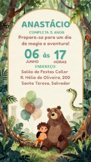 Convite de Aniversário Tema Selva Mogli e Baloo Editável