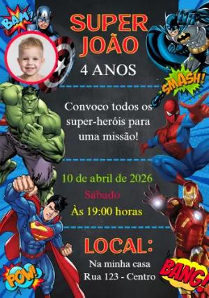 Convite de Aniversário Super-Heróis com Foto para Editar
