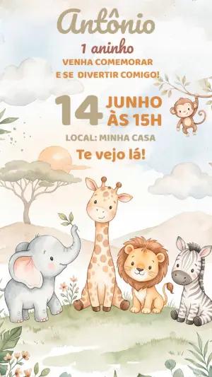 Convite de Aniversário Safari Baby Aquarela Editável