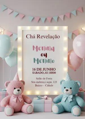 Convite Chá Revelação Ursinhos Azul e Rosa para Editar Online