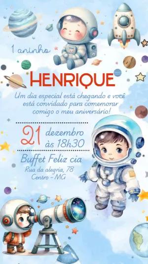 Convite de Aniversário Astronauta Fofo em Aquarela para Editar