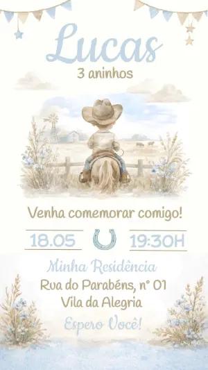 Convite de Aniversário Cowboy Aquarela para Editar