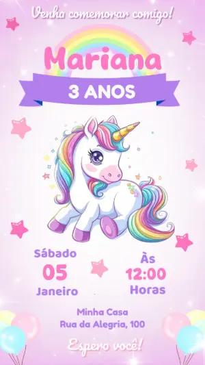 Convite de Aniversário Unicórnio Arco-Íris Editável