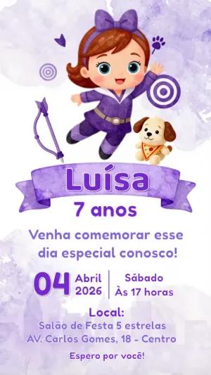 Convite de Aniversário Super-Heroína Arqueira Roxo Editável