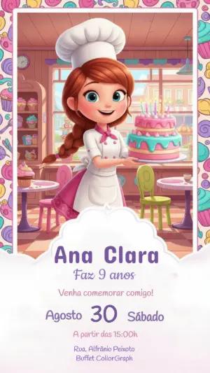 Convite de Aniversário Confeitaria Menina Chef Editável