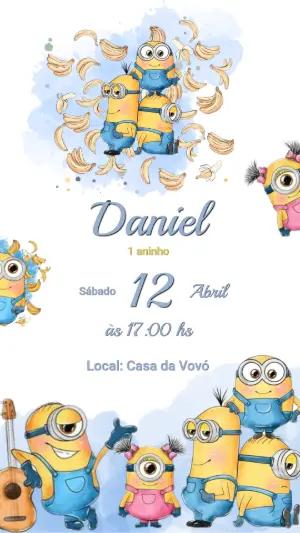 Convite de Aniversário Minions Estilo Aquarela Editável