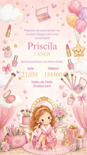 Convite de Aniversário Maquiagem Rosa Editável