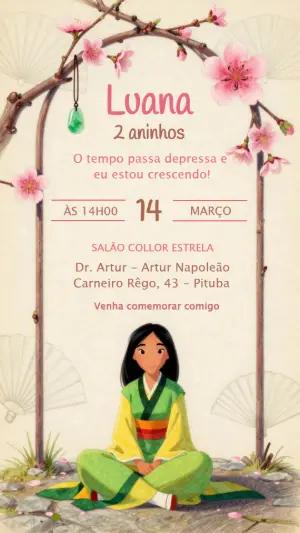 Convite Digital Tema Mulan para Aniversário Infantil Editável