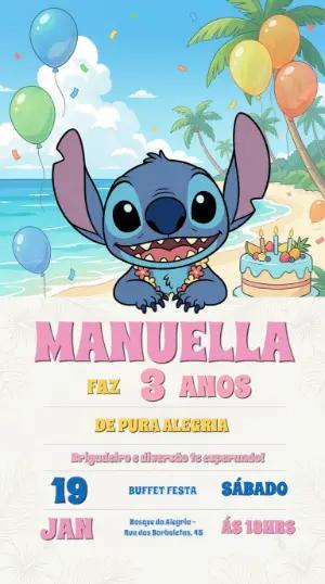 Convite Digital Festa Stitch na Praia Modelo Editável