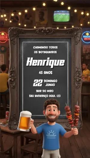 Convite de Aniversário Boteco 3D Masculino para Editar