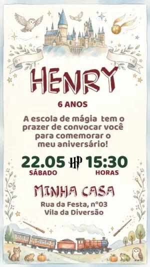 Convite de Aniversário Harry Potter Aquarela Editável