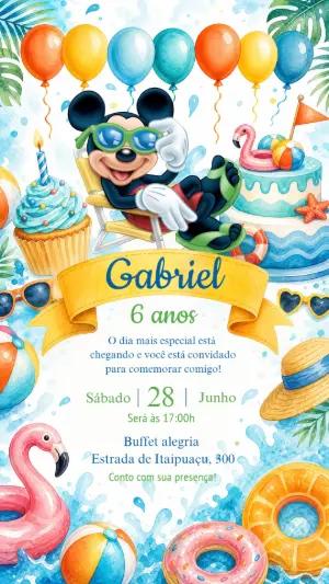 Convite de Aniversário Mickey Pool Party Aquarela Editável
