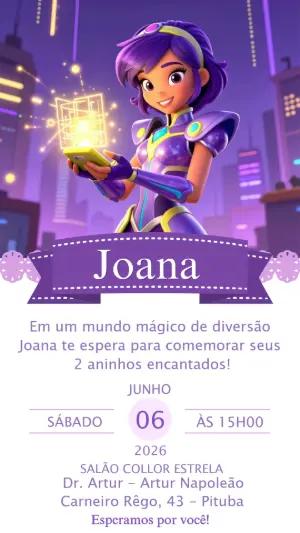 Convite Digital Aniversário Heroína Futurista Roxo Editável