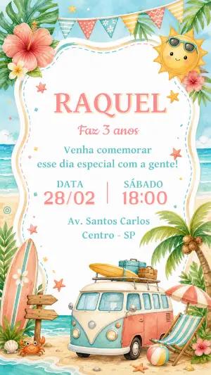 Convite de Aniversário Tema Praia e Surf para Editar