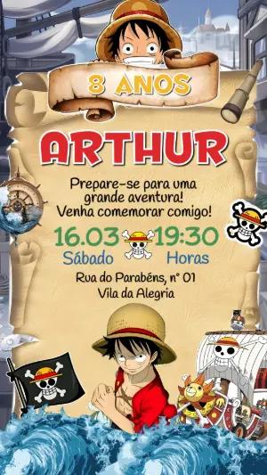 Convite de Aniversário One Piece Aventura Pirata Editável