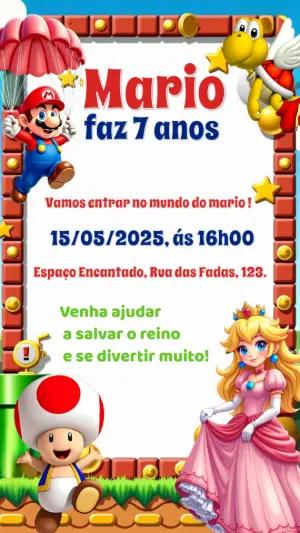 Convite Aniversário Super Mario com Personagens para Editar Online