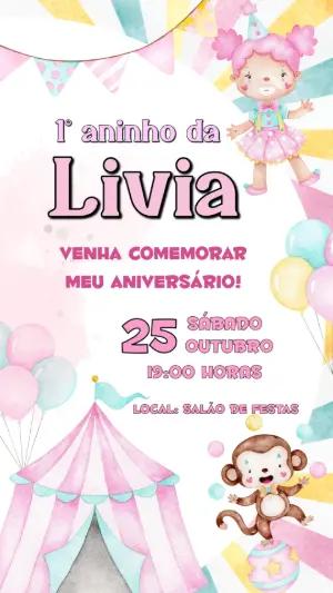 Convite de Aniversário Circo Rosa Aquarela Editável