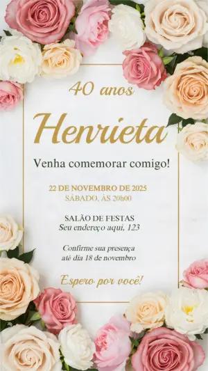 Convite de Aniversário Floral com Rosas para Editar Online
