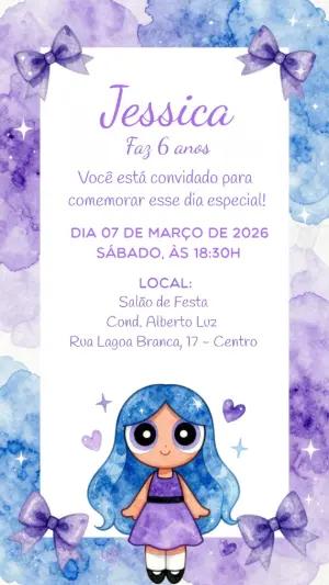 Convite Digital Aniversário Infantil Tema Boneca Roxo Editável
