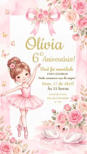 Convite de Aniversário Bailarina Rosa Aquarela Editável