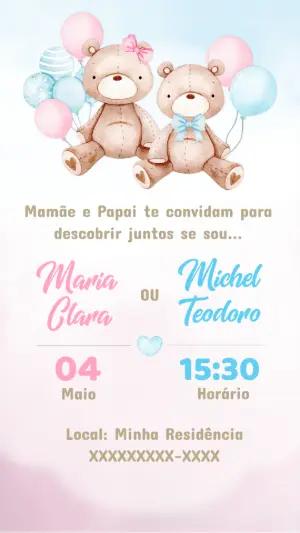 Convite Chá Revelação Ursinhos Rosa e Azul para Editar Online