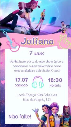 Convite Animado Aniversário K-Pop Guerreiras para Editar Online