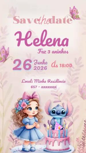 Convite Aniversário Stitch e Menina Aquarela para Editar