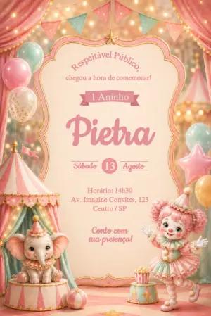Convite Aniversário Circo Rosa com Palhaça e Elefante para Editar