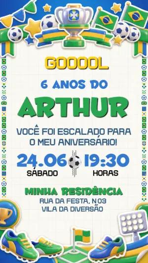 Convite de Aniversário Futebol Brasil 3D para Editar