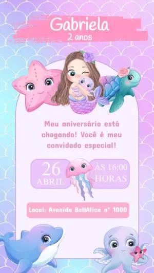 Convite Aniversário Sereia Cute para Editar Online