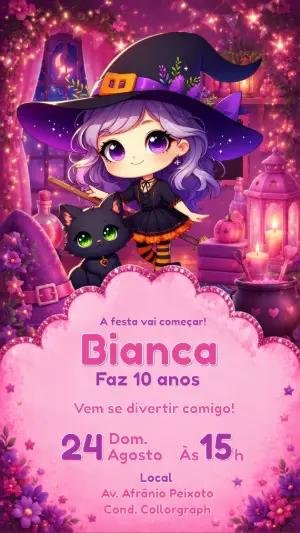 Convite de Aniversário Bruxinha Fofa Rosa e Roxo Editável