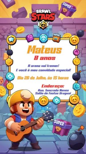 Convite de Aniversário Brawl Stars com Personagens para Editar