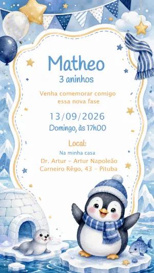 Convite de Aniversário Pinguim Aquarela | Modelo Editável