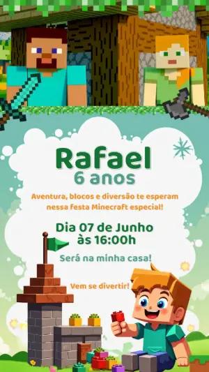 Convite Animado Aniversário Minecraft com Personagens para Editar