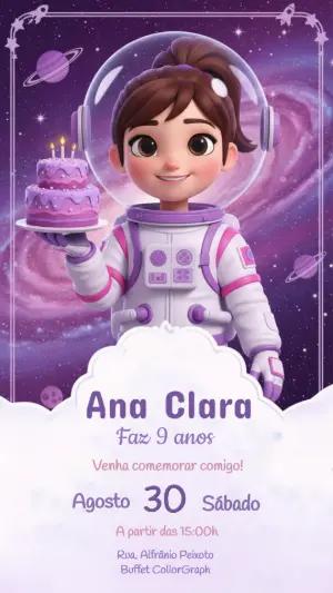 Convite Digital Festa no Espaço Menina Astronauta para Editar
