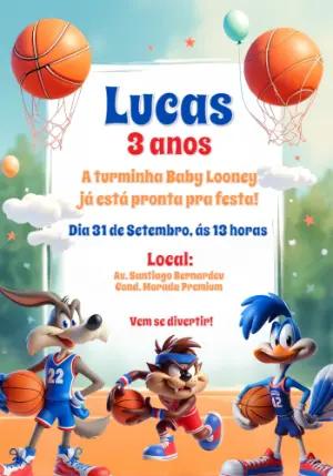 Convite Aniversário Baby Looney Tunes Basquete para Editar