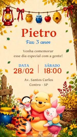 Convite de Aniversário Ursinho Pooh Rústico Editável