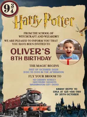 Harry Potter Birthday Invitation with Photo, Editable Template