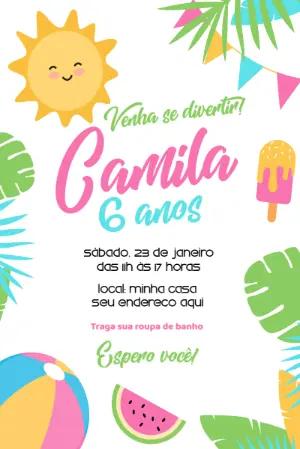 Convite Aniversário Pool Party com Sol para Editar Online