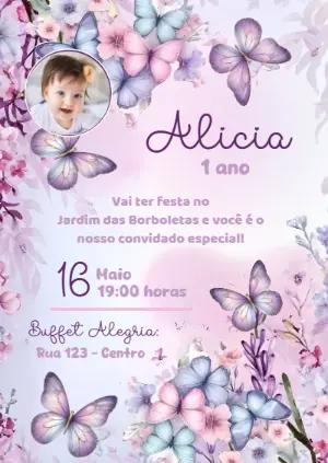 Convite Jardim das Borboletas Lilás com Foto para Editar