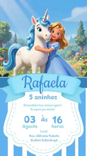 Convite de Aniversário Unicórnio e Princesa Azul Editável